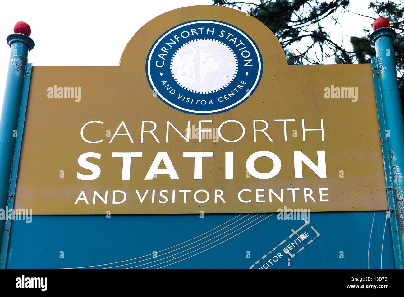 Carnforth railway station and visitor centre sign; made famous as a filming location for the classic film 'Brief Encounter' Stock Photo