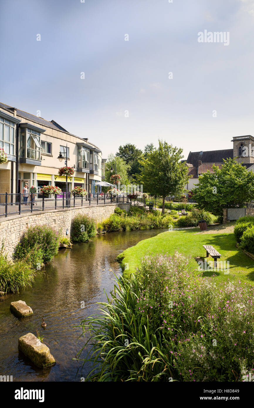 River Marden flowing through the rebuilt centre of Calne town in Wiltshire UK Stock Photo
