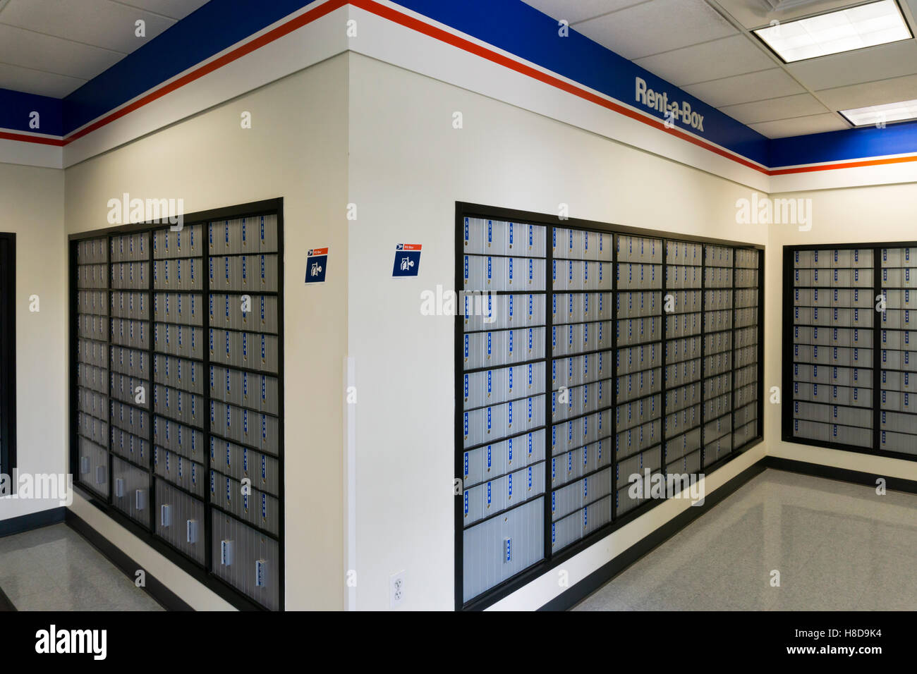 Rent-a-box post office boxes in a Post Office lobby in Montana, USA. Stock Photo