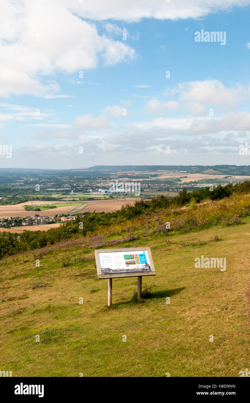 View over Weald of Kent from the North Downs Way crossing Bluebell Hill. Stock Photo