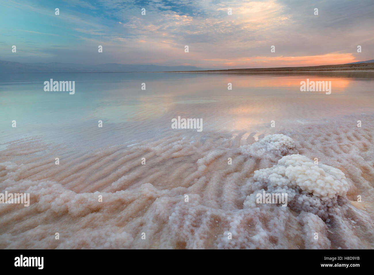 View of Dead Sea coastline at sunset time Stock Photo