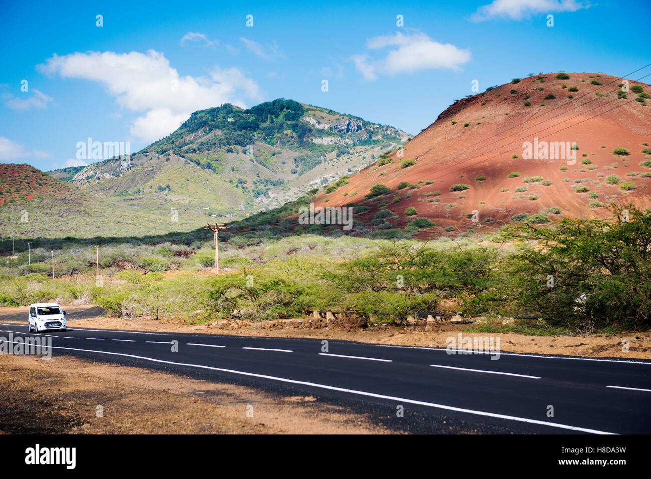 Ascension Island View of road to Green Mountain with volcanic topography Stock Photo