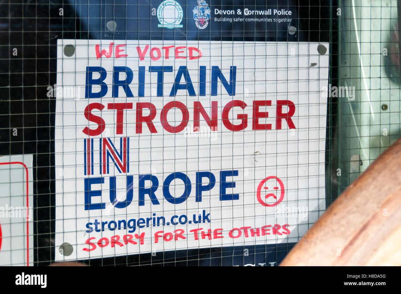 A Britain Stronger in Europe pro-European message amended to apologise for result after EU referendum. Stock Photo