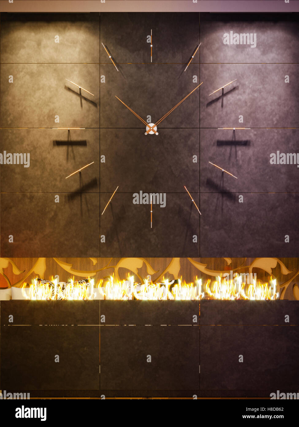 3d illustration of wall clocks and modern bio fireplaces Stock Photo