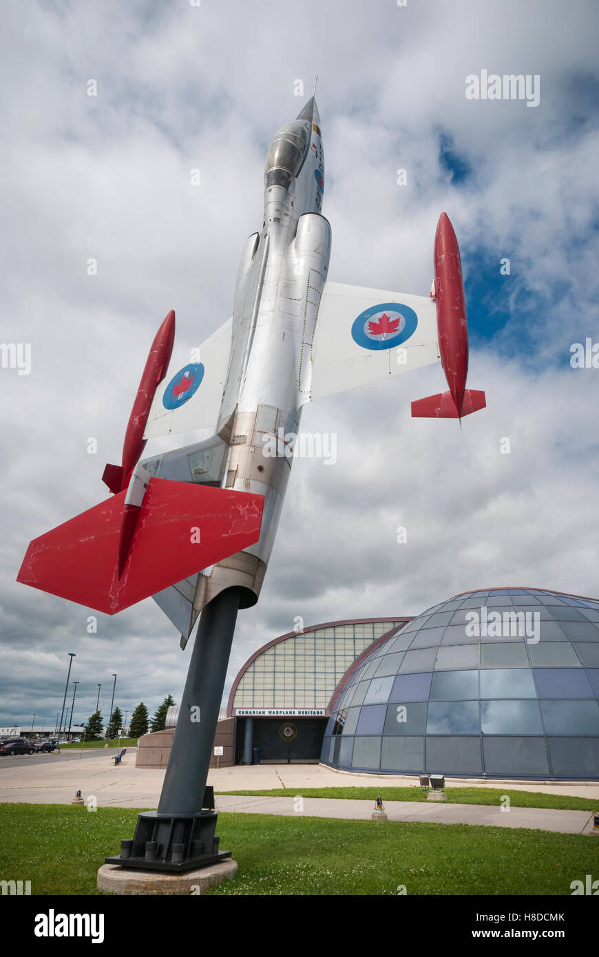 A Lockheed F-104 d Starfighter displayed on a pedestal outside the Canadian Warplane Museum in Hamilton Ontario Canada Stock Photo