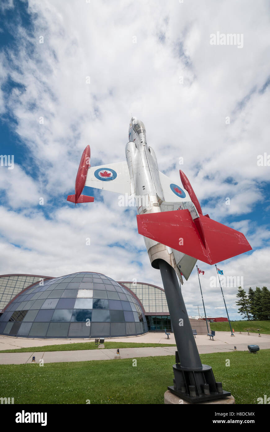 A Lockheed F-104 d Starfighter displayed on a pedestal outside the Canadian Warplane Museum in Hamilton Ontario Canada Stock Photo