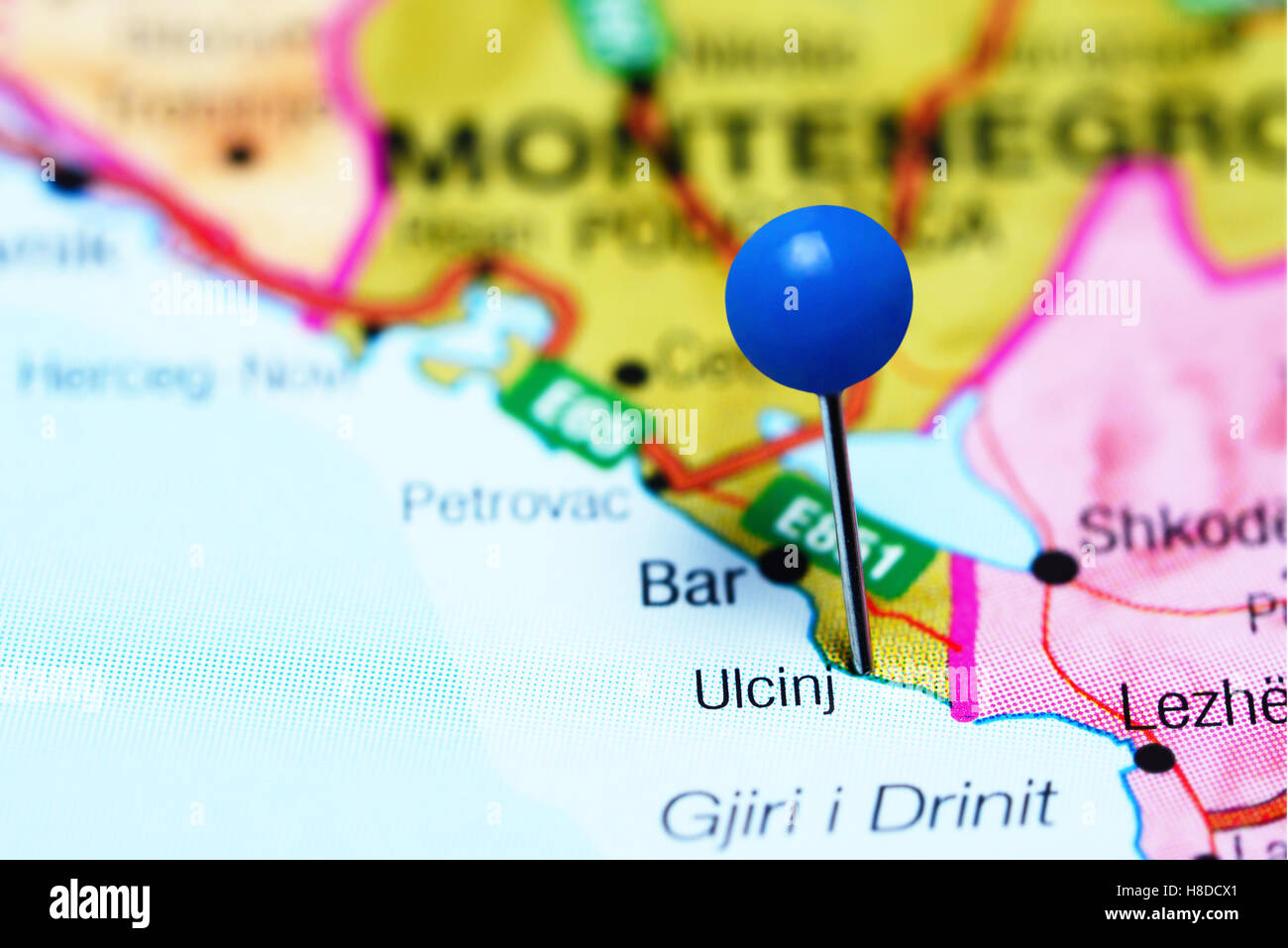 Ulcinj pinned on a map of Montenegro Stock Photo