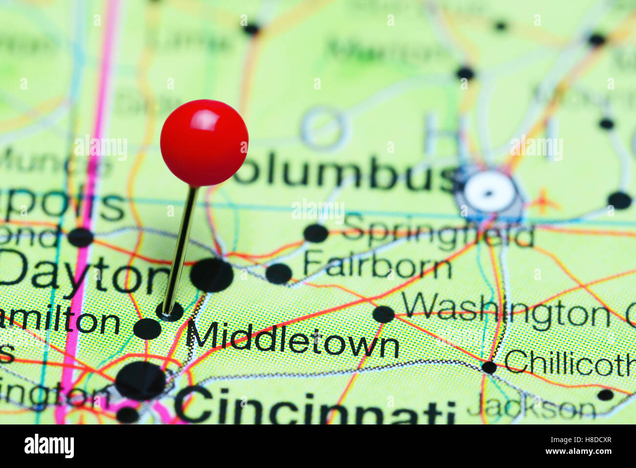 Middletown pinned on a map of Ohio, USA Stock Photo