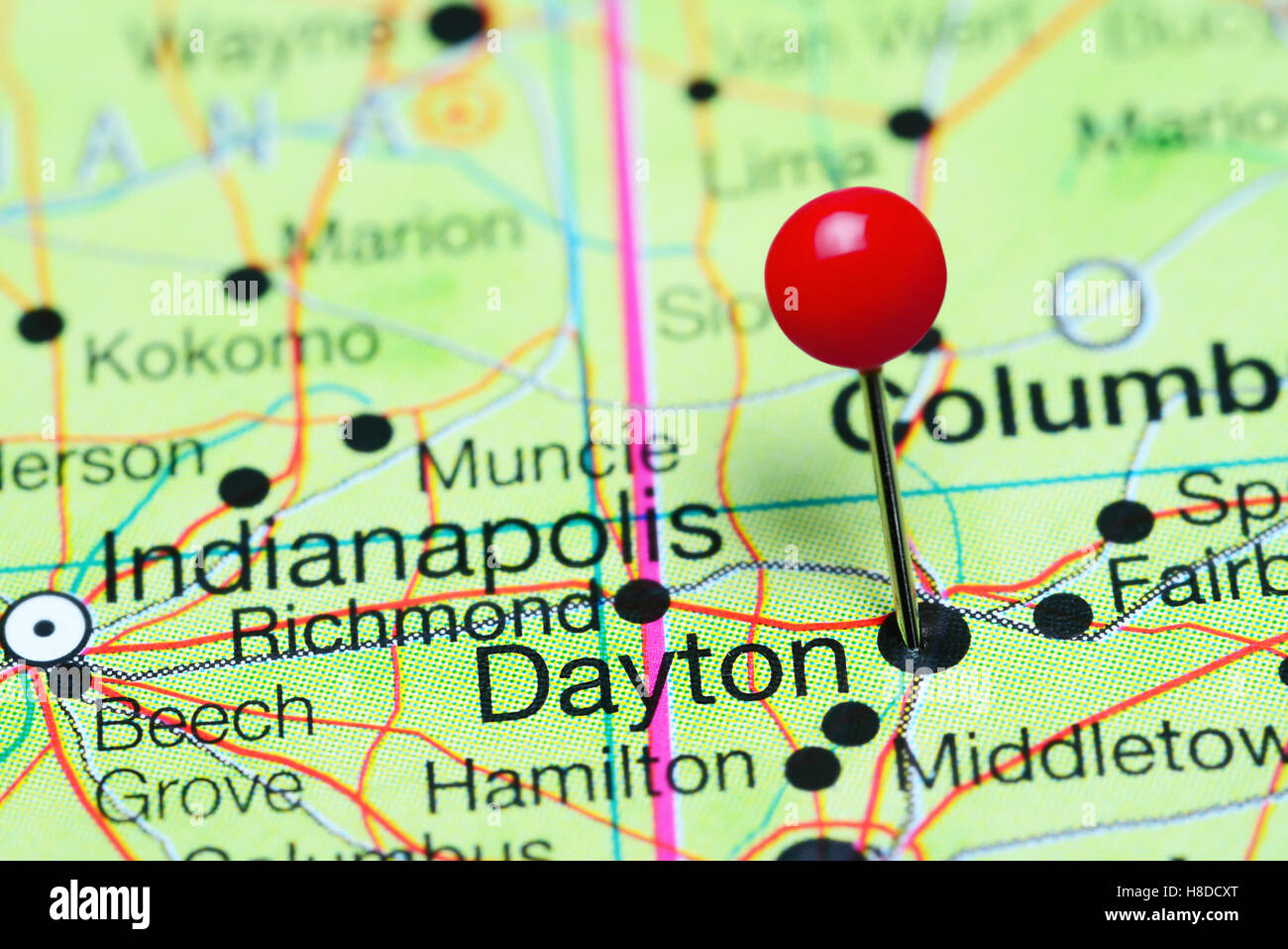 Dayton pinned on a map of Ohio, USA Stock Photo