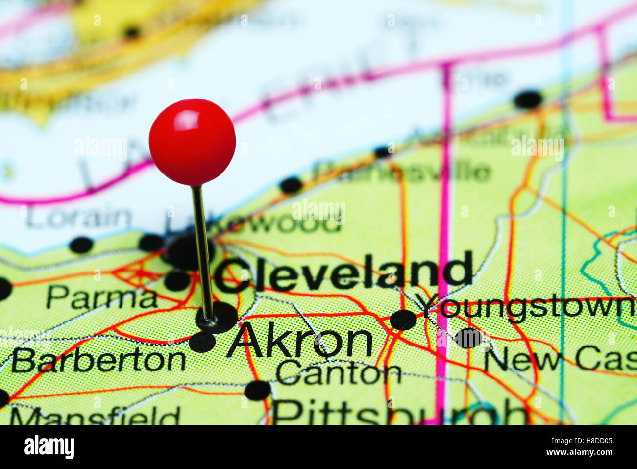 Akron pinned on a map of Ohio, USA Stock Photo Alamy