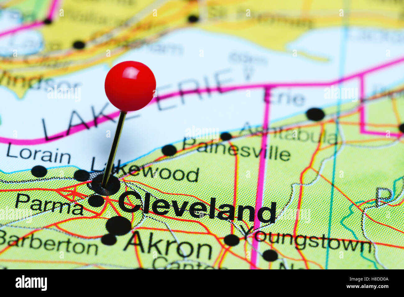 Cleveland pinned on a map of Ohio, USA Stock Photo