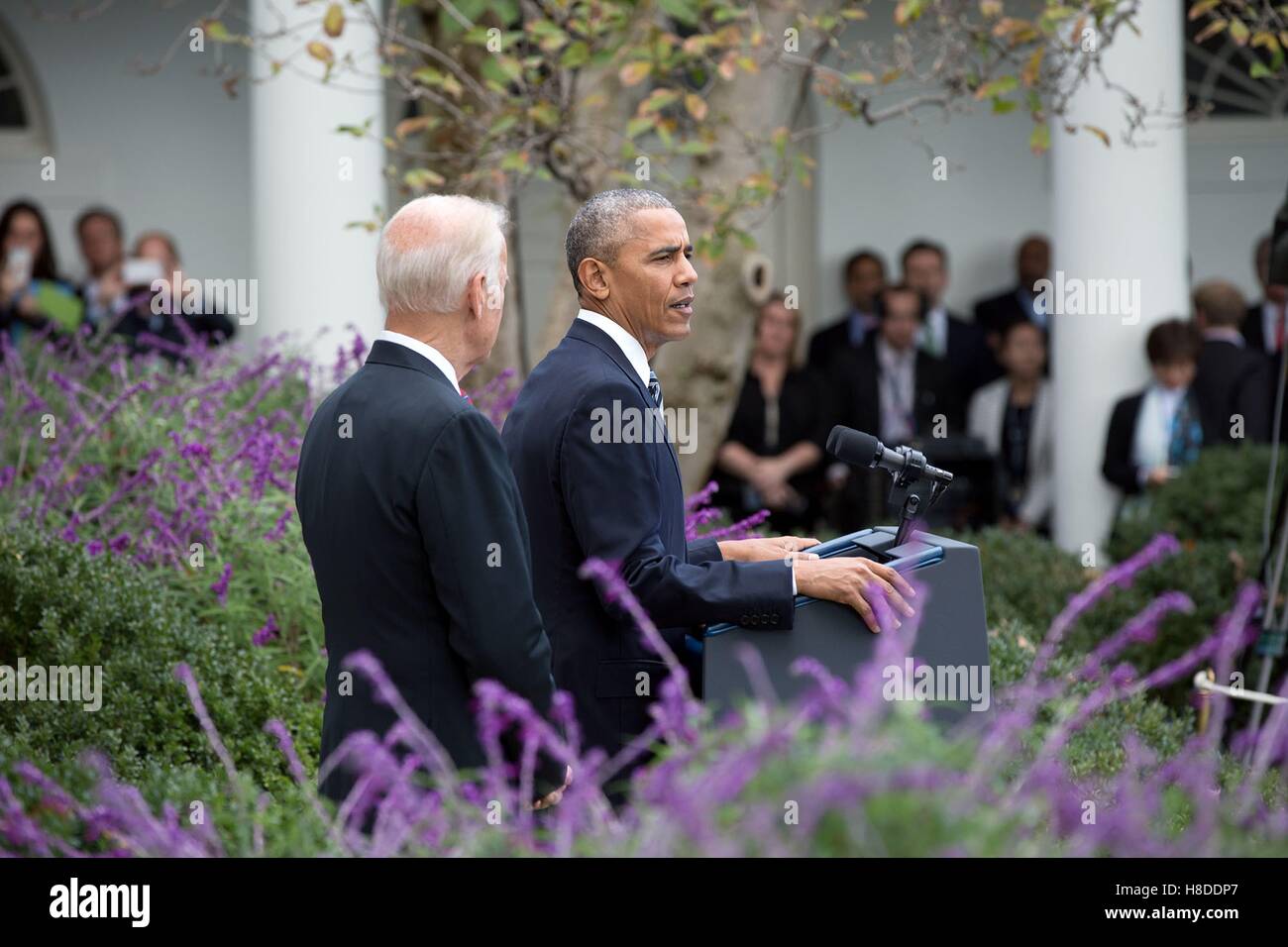 Washington DC, USA. 9th November, 2016. U.S President Barack Obama delivers a statement on the U.S. election results as Vice President Joe Biden looks on in the Rose Garden of the White House November 9, 2016 in Washington, DC. Credit:  Planetpix/Alamy Live News Stock Photo