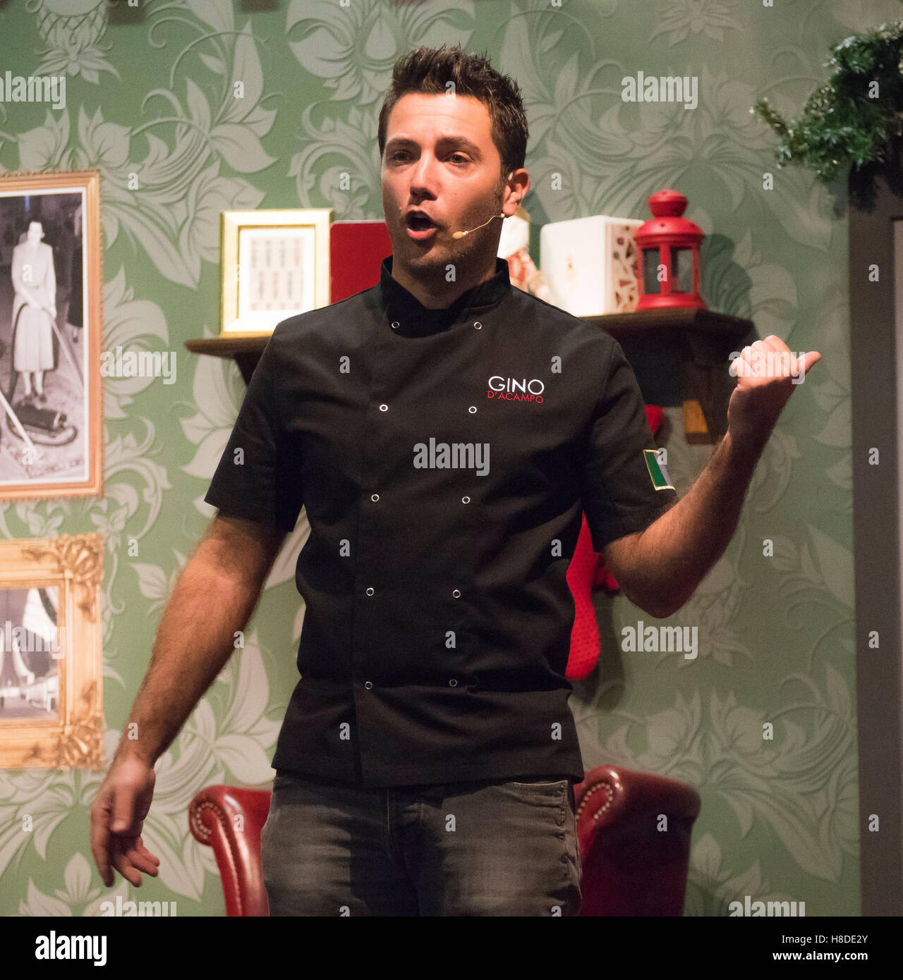 Manchester, UK. 10th November, 2016.  Gino D’Acampo, celebrity chef, entertains crowds of visitors at the ‘Ideal Home Show at Christmas’ and is joined on stage by fellow Celebrity Juice TV star (and host of ‘Take Me Out’) Paddy McGuinness for an impromptu, un-scripted, cookery lesson and demonstration. The show takes place at Event City Manchester and is open until Sunday the 13th of November.  Photo Bailey-Cooper Photography/Alamy Live News Stock Photo