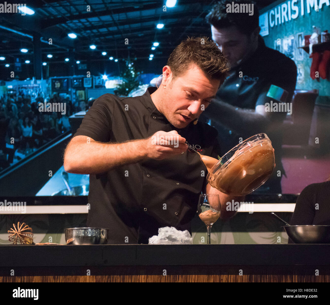 Manchester, UK. 10th November, 2016.  Gino D’Acampo, celebrity chef, entertains crowds of visitors at the ‘Ideal Home Show at Christmas’ and is joined on stage by fellow Celebrity Juice TV star (and host of ‘Take Me Out’) Paddy McGuinness for an impromptu, un-scripted, cookery lesson and demonstration. The show takes place at Event City Manchester and is open until Sunday the 13th of November.  Photo Bailey-Cooper Photography/Alamy Live News Stock Photo