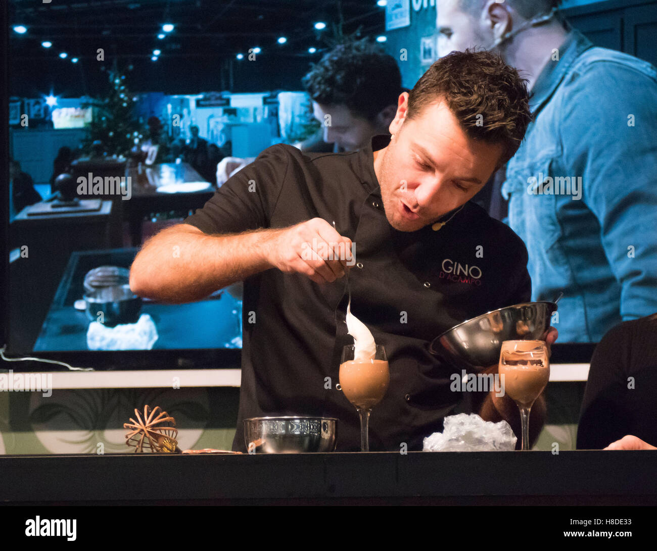 Manchester, UK. 10th November, 2016.  Gino D’Acampo, celebrity chef, entertains crowds of visitors at the ‘Ideal Home Show at Christmas’ and is joined on stage by fellow Celebrity Juice TV star (and host of ‘Take Me Out’) Paddy McGuinness for an impromptu, un-scripted, cookery lesson and demonstration. The show takes place at Event City Manchester and is open until Sunday the 13th of November.  Photo Bailey-Cooper Photography/Alamy Live News Stock Photo