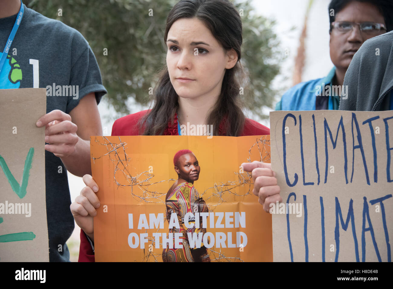 Marrakech, Morocco. 10th November, 2016. Activists at the COP22 UN climate conference in Marrakech, Morocco,  speak out against anti-immigrant policies in the wake of the U.S. election, November 10, 2016. Credit:  Ryan Rodrick Beiler/Alamy Live News Stock Photo