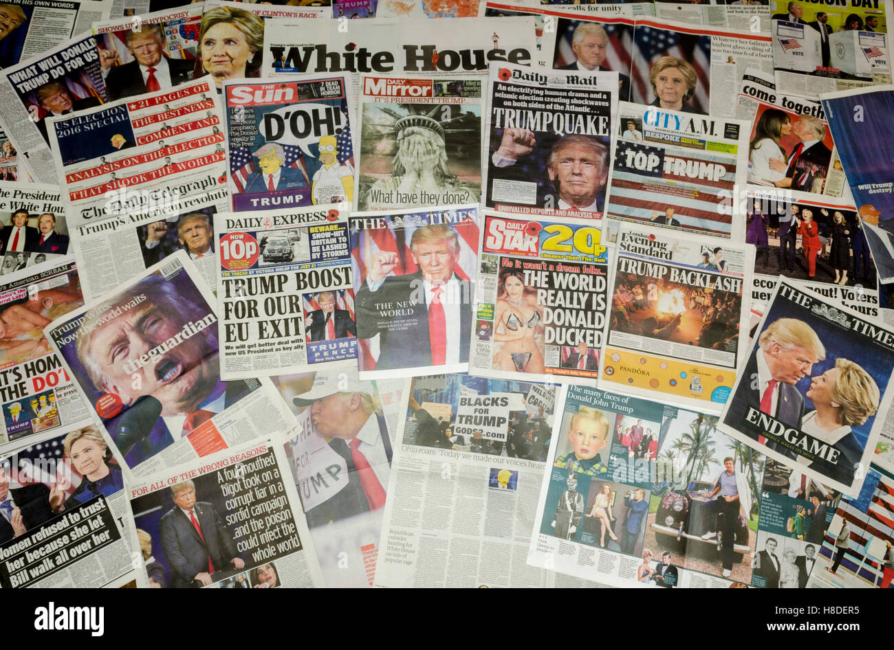 British newspaper front pages reporting on the US presidential election result in which Donald Trump became the 45th President of the United States. Stock Photo