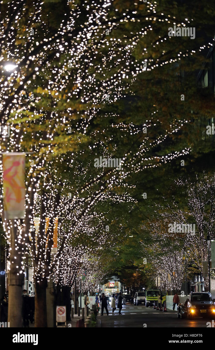 Tokyo, Japan. 10th Nov, 2016. Tree lined street is illuminated with LED bulbs at the Marunouchi area in Tokyo on Thursday, November 10, 2016. The Marunouchi area started illumination and decoration with motif of ballet dance Tchaikovsky's 'Nutcracker' through the Christmas Day. © Yoshio Tsunoda/AFLO/Alamy Live News Stock Photo