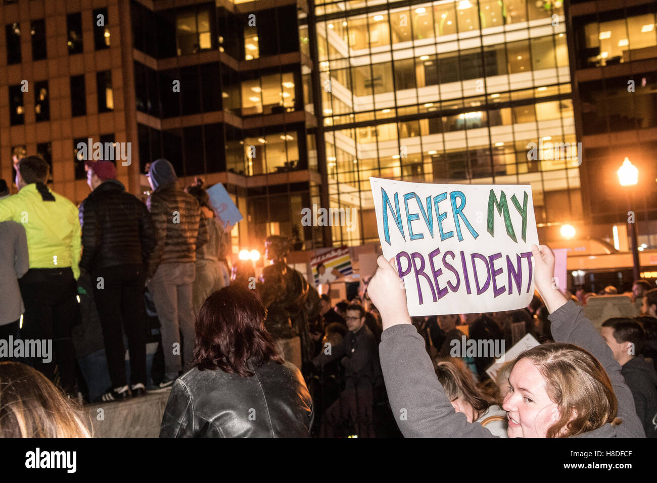 Columbus, Oh, USA. November 10, 2016. Crowds gather in downtown to protest President-Elect Donald Trump in Columbus, Ohio. Credit:  Matt Ellis/Alamy Live News Stock Photo