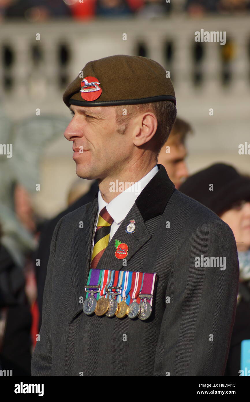 London, England. 11 November 2016. The Royal British Legion marks Remembrance Day in Trafalgar Square, London,  with SILENCE IN THE SQUARE featuring Ben Shephard,  Dave Arch and Tommy Blaize from STRICTLY COME DANCING, Sophie Thompson and Charlie Clements from EASTENDERS, VOX FORTURA from BRITAIN'S GOT TALENT, soprano Laura Wright and tenor Russell Watson. Credit:  Peter Hogan/Alamy Live News Stock Photo