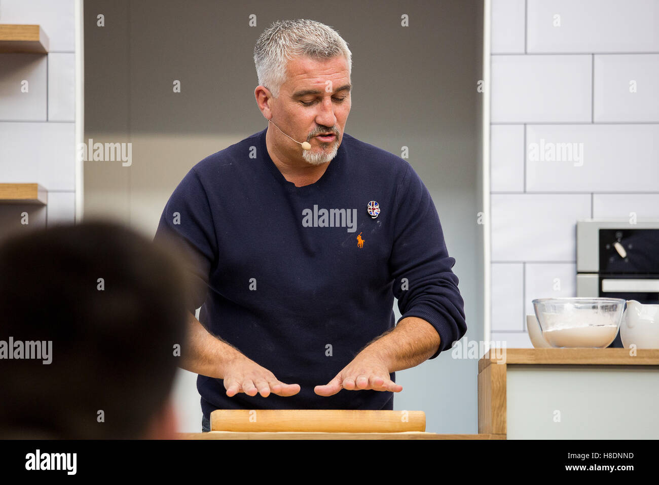 Paul Hollywood gives a cooking demo at the BBC Good Food Show at Olympia London. Stock Photo