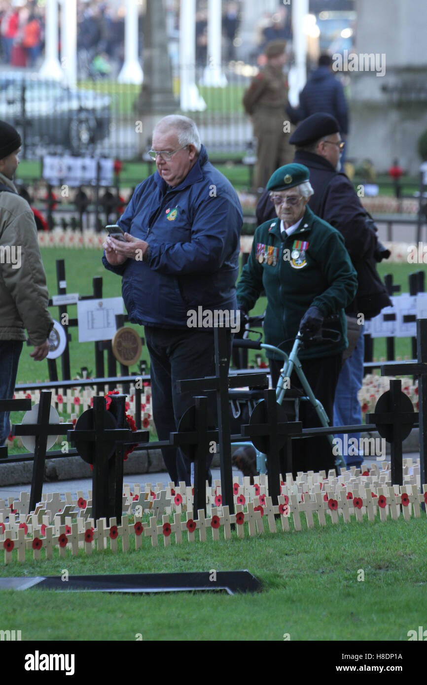London, UK. 11th November, 2016. Thousands of crosses planted at the Fields of Remembrance at Westminster Abbey in London to remember the men and women who have lost their lives in conflict. on November 11, 2016. The first official Armistice Day was subsequently held on November 11, 1919 on the grounds of Buckingham Palace. Credit:  David Mbiyu/Alamy Live News Stock Photo