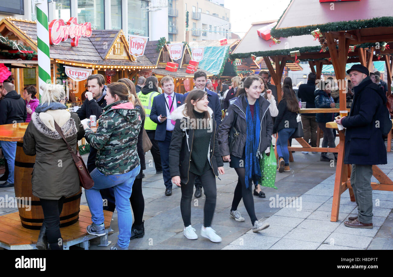 Visitors to the German Christkindel Market, Leeds, West Yorkshire, England, UK Stock Photo