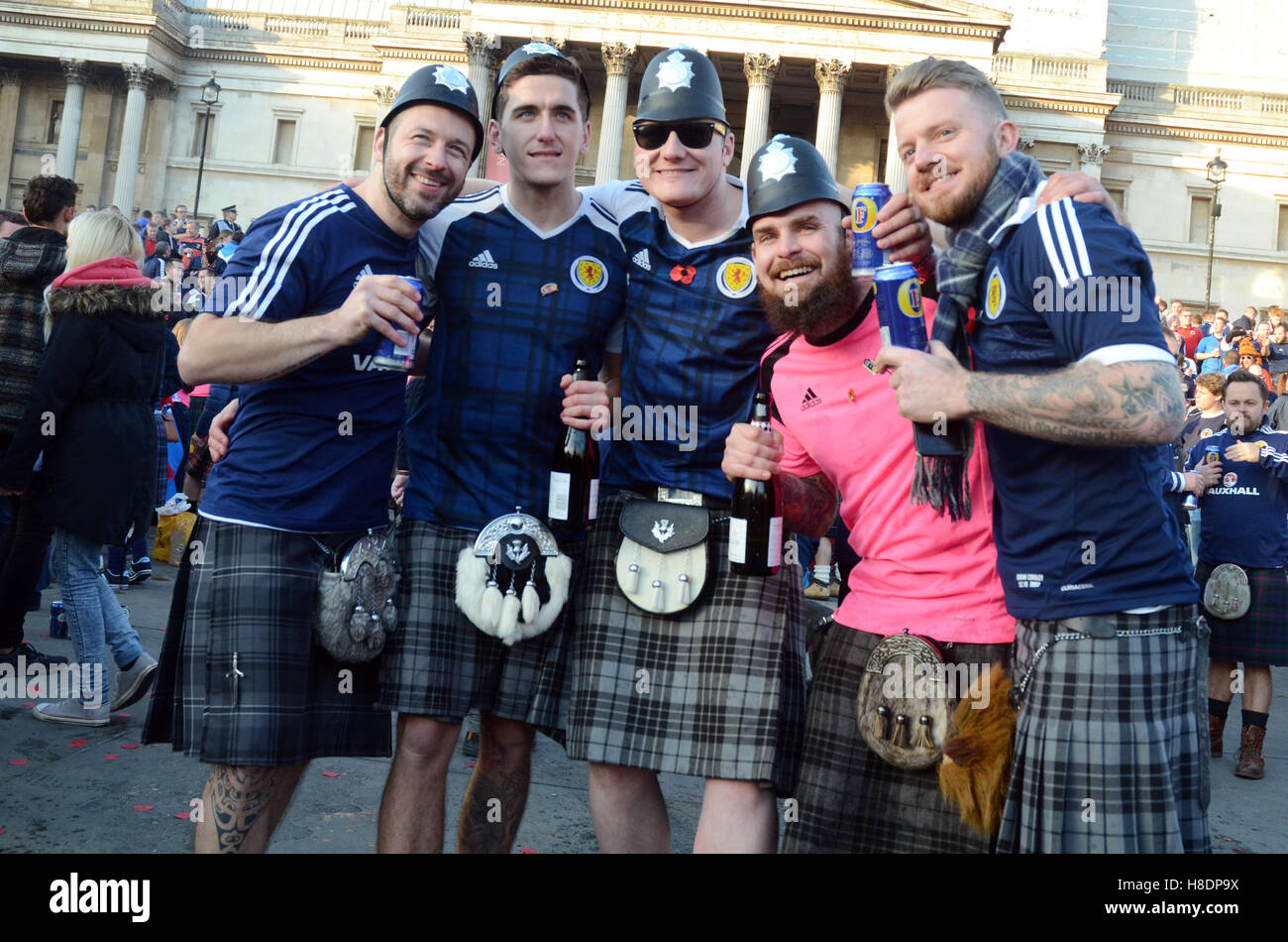 London, UK. 11th Nov, 2016. Scottish football fans gather in Trafalgar
