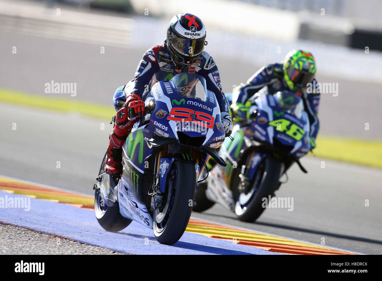 Valencia, Spain. 11th November, 2016. Jorge Lorenzo (99) of Spain and  Movistar Yamaha MotoGP and Valentino Rossi (46) of Italy and Yamaha MotoGP  in action during the Free Practice during the MotoGP