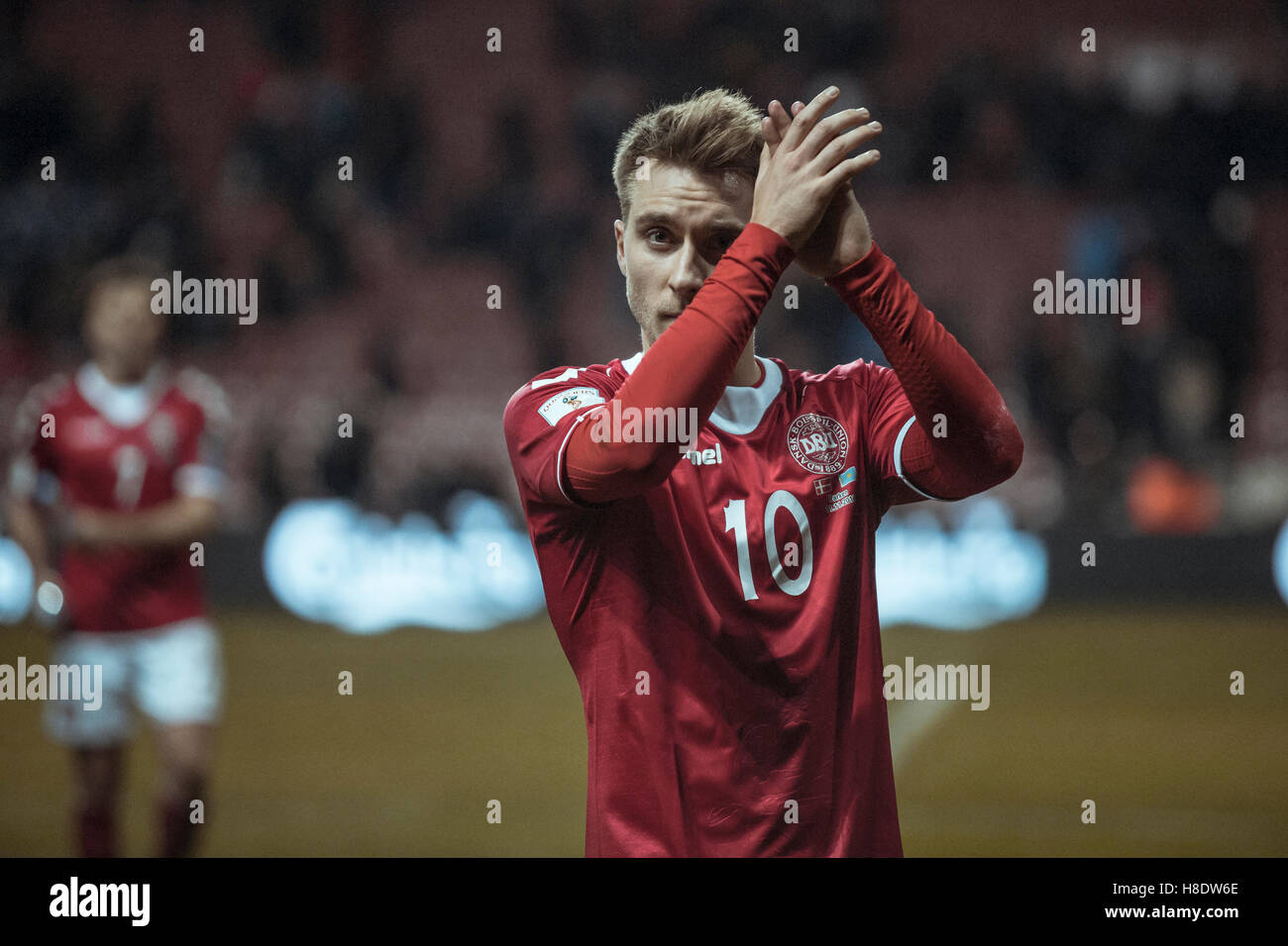 Copenhagen, Denmark. 11th Nov, 2016. Denmark, Copenhagen, November 11th 2016. Christian Eriksen (10) of Denmark thanks the fans after the World Cup Qualifying match between Denmark and Kazakhstan in Telia Parken. Credit:  Samy Khabthani/Alamy Live News Stock Photo