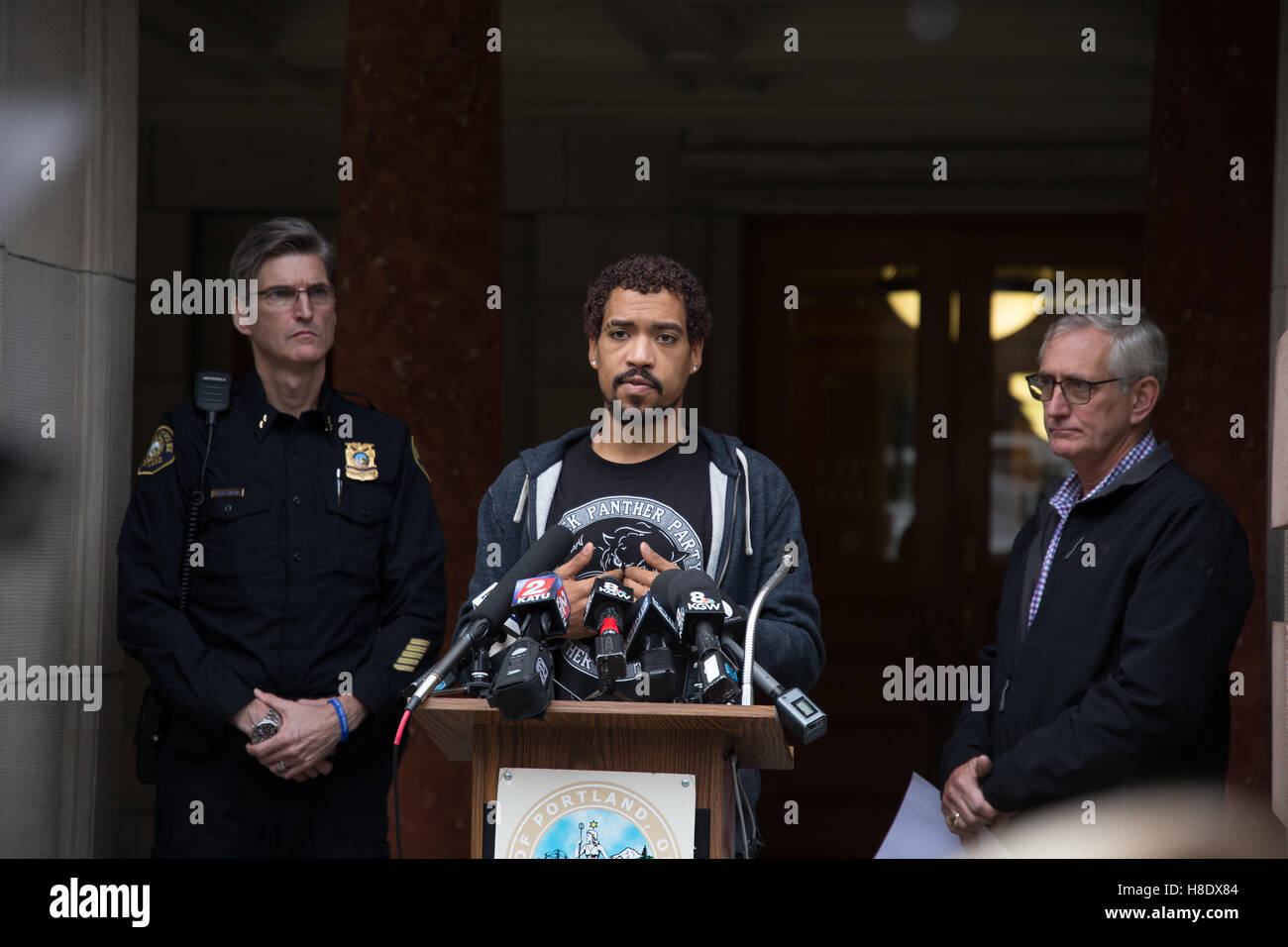 Portland, USA. 11th November, 2016. Portland Oregon 'Not My President' protest organizer speaks during a press conference urging people not to riot in the wake of the 2016 presidential election. Rioters have caused more than one million dollars in damages to the city of Portland during the 'Not My President' protests. Credit:  Joshua Rainey/Alamy Live News. Stock Photo