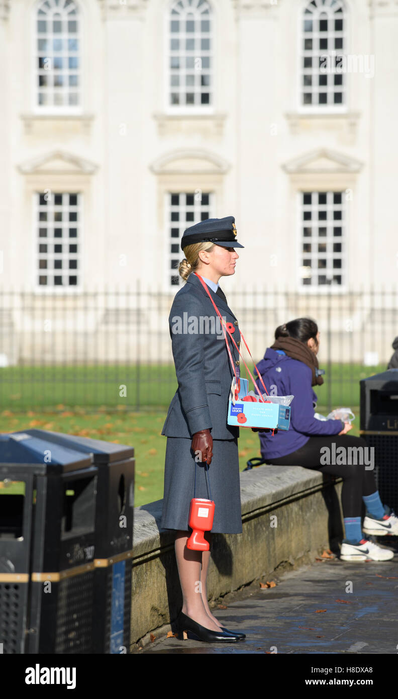 Cambridge, UK. 11th November, 2016. A lone military stands in front of King's college chapel, Cambridge, next to Senate House at the eleventh hour of the eleventh day of the eleventh month on Remembrance day 2016. Credit:  miscellany/Alamy Live News Stock Photo