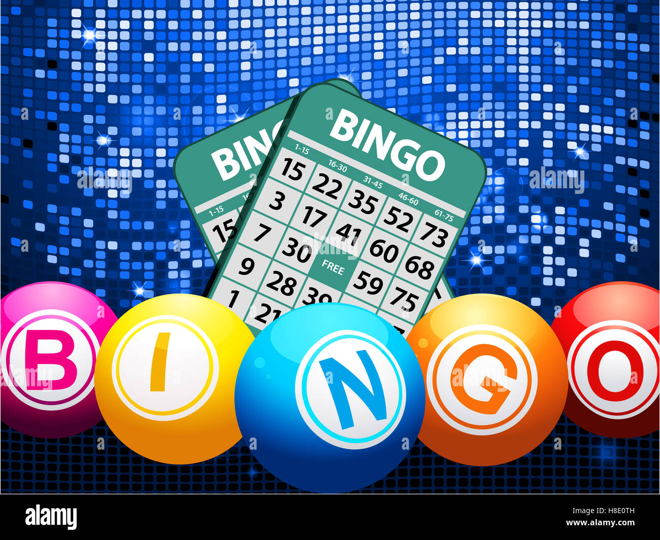 Bingo Balls Composing the Word Bingo and Cards Over Glowing Blue Mosaic Background Stock Photo
