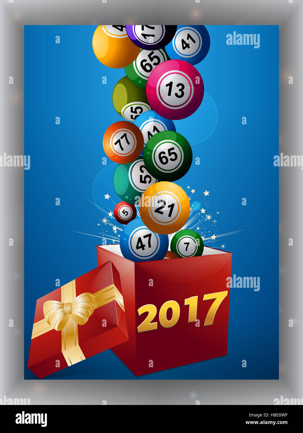 Bingo Balls Jumping Out From a Red Gift Box with Golden Ribbon Bow and 2017 Date over Blue Panel