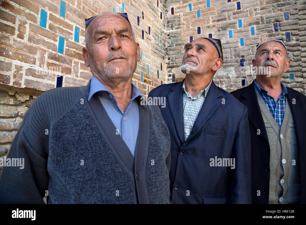 Uzbekistan  - portrait of Uzbek men in Registan, Samarkand Stock Photo