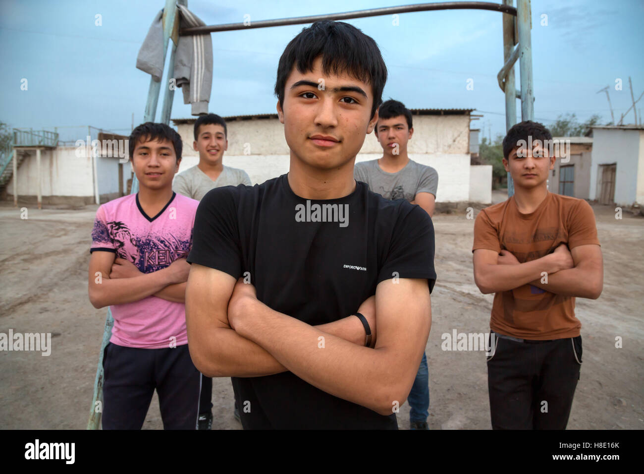 Uzbekistan - group of young guys in Khiva Stock Photo
