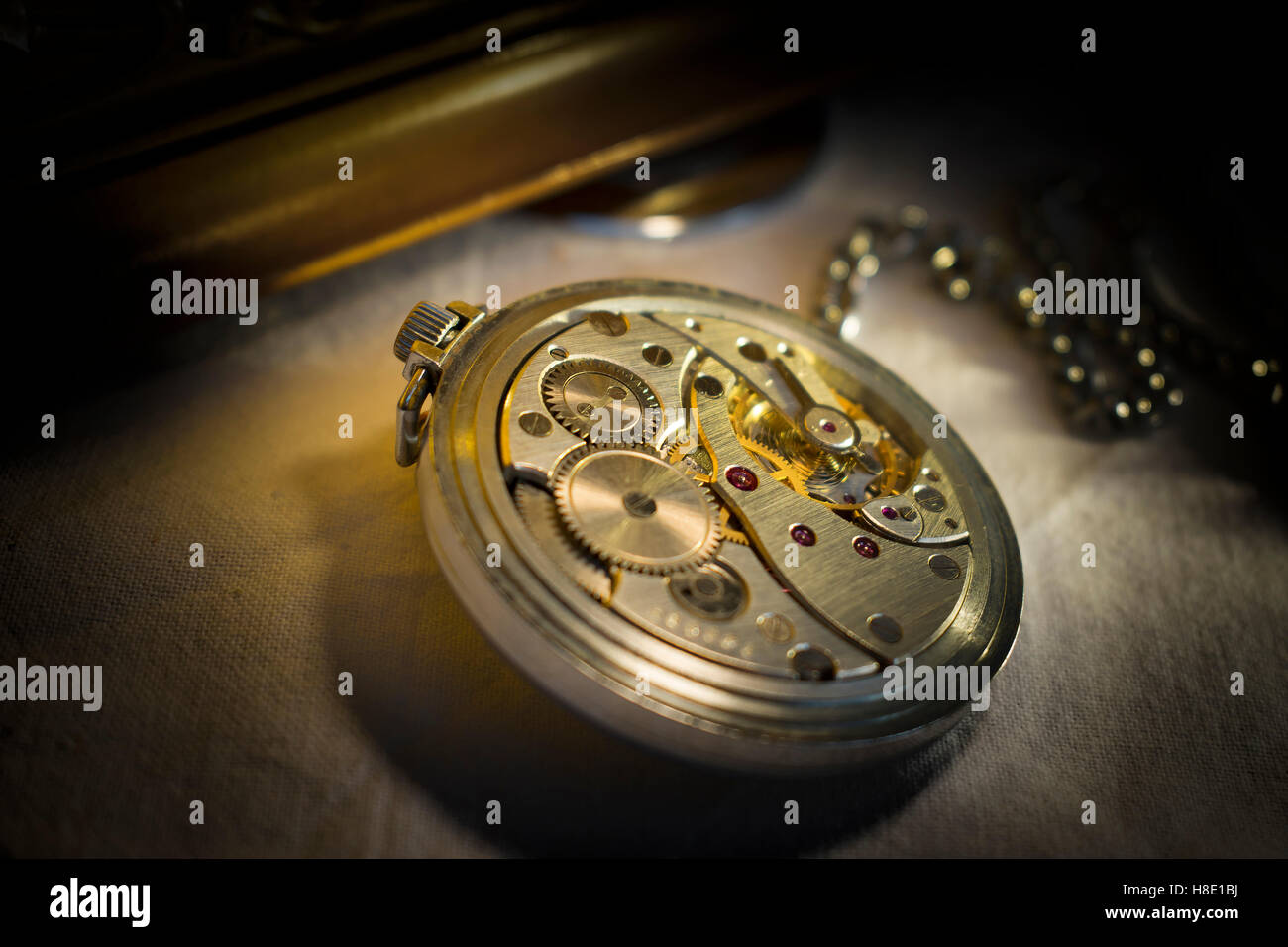 Clockwork Mechanism of Old Pocket Watch Stock Photo