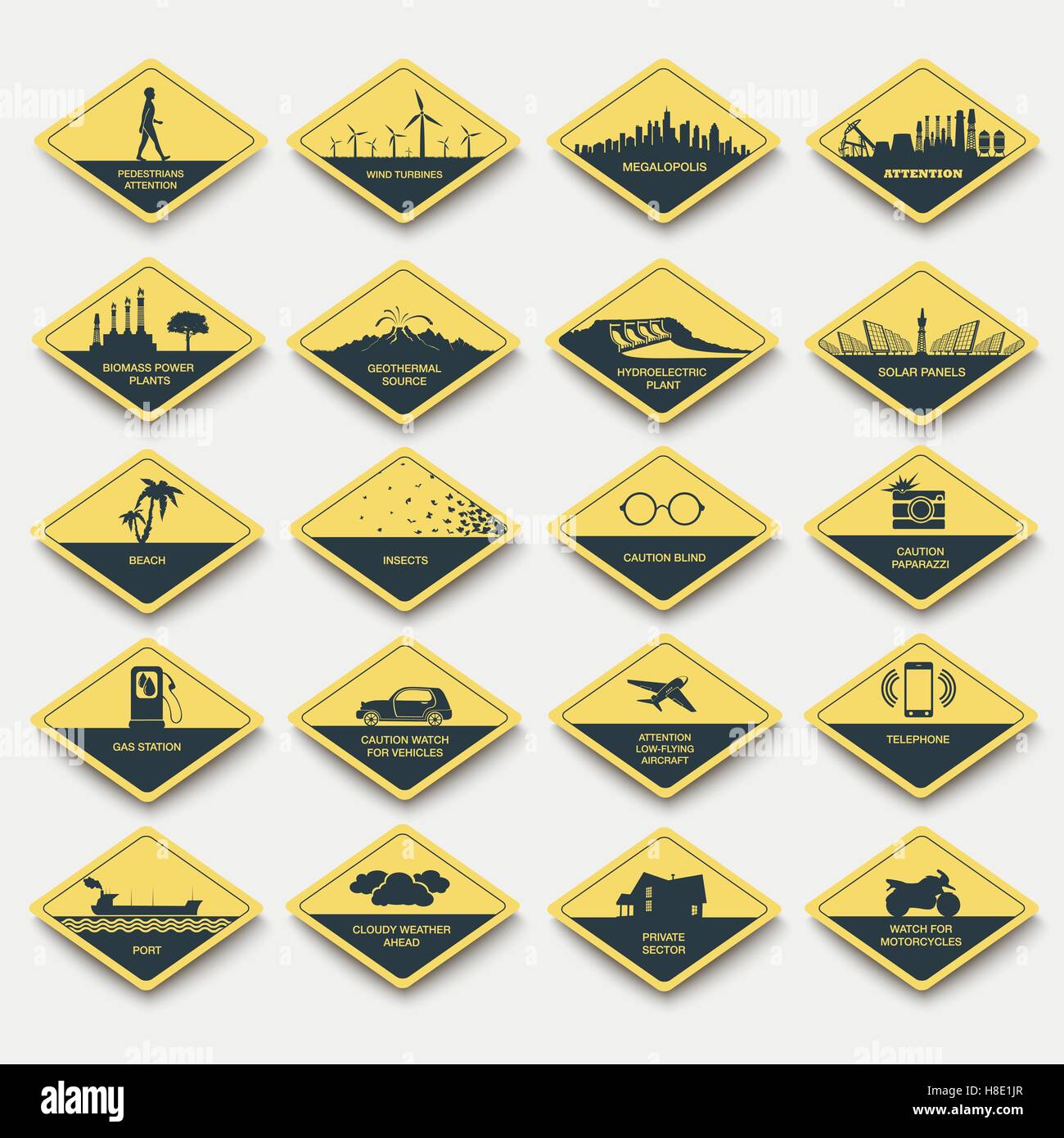 set of signs of attention, caution and danger. road signs yellow ...