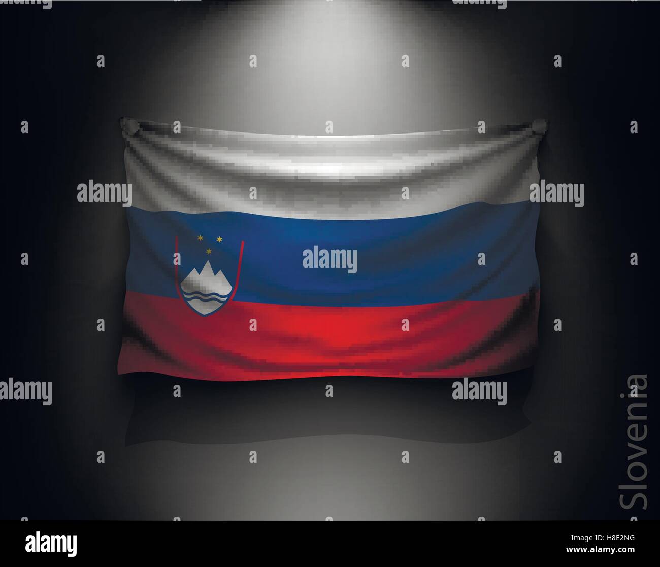 waving flag on a dark wall with a spotlight, illuminated Stock Vector