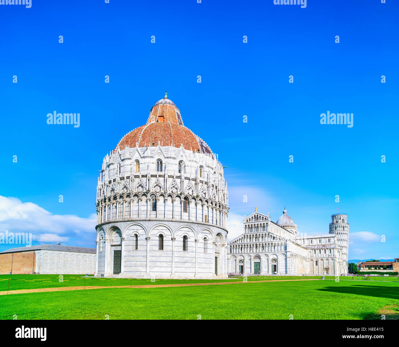 Pisa, Miracle Square view. Baptistry, cathedral Duomo and Leaning Tower of Pisa. Unesco World Heritage site. Tuscany, Italy, Eu Stock Photo