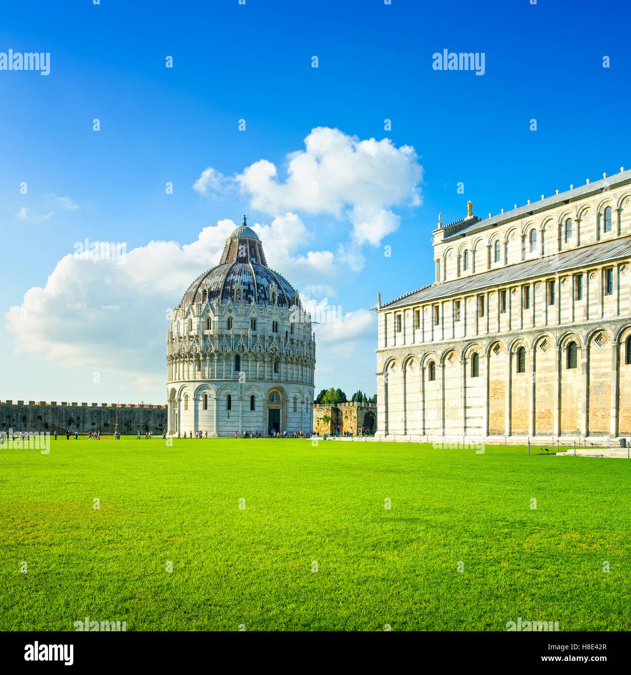 Pisa, Miracle Square or Piazza dei Miracoli. Baptistry and cathedral Duomo church. Unesco World Heritage site. Tuscany, Italy Stock Photo