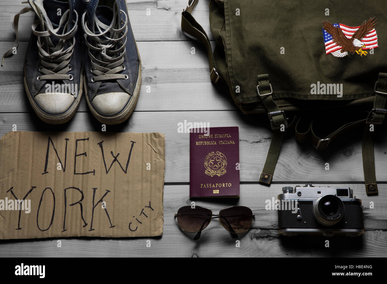 overhead of essentials for a diy travel to new york city... Stock Photo