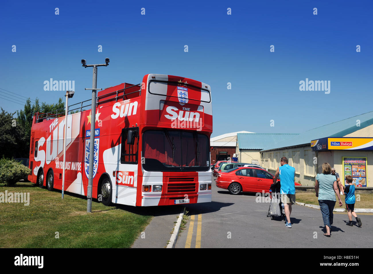 A Sun newspaper bus at Pontin's Brean Sands Holiday Park, Somerset UK Stock Photo