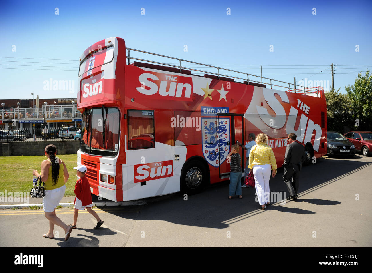 A Sun newspaper bus at Pontin's Brean Sands Holiday Park, Somerset UK Stock Photo