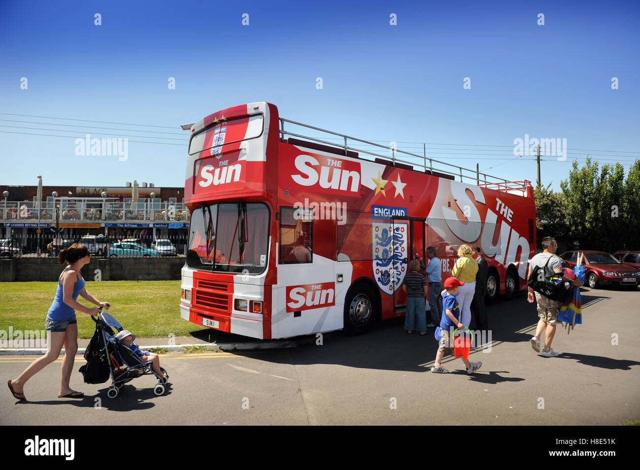 A Sun newspaper bus at Pontin's Brean Sands Holiday Park, Somerset UK Stock Photo