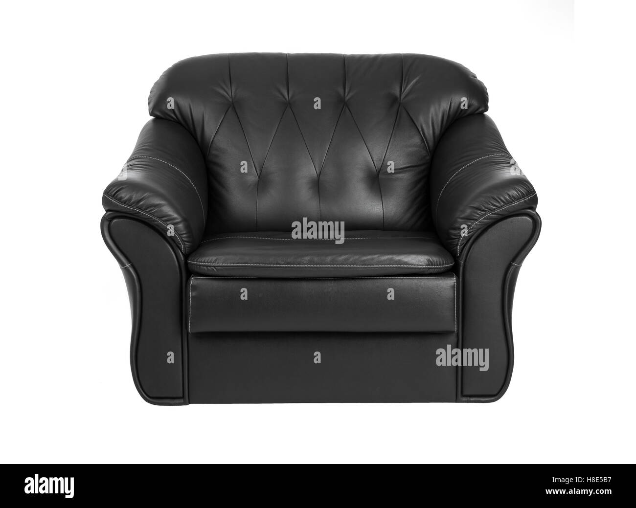 Classic big black leather armchair isolated on white background with