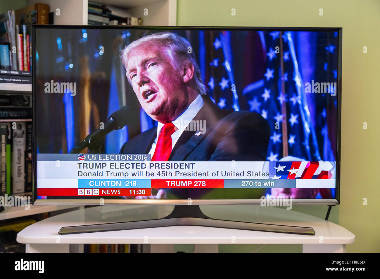 UK - NOV 9TH 2016: A shot of a TV showing the BBC News channel with live breaking news that Donald Trump is elected President. Stock Photo