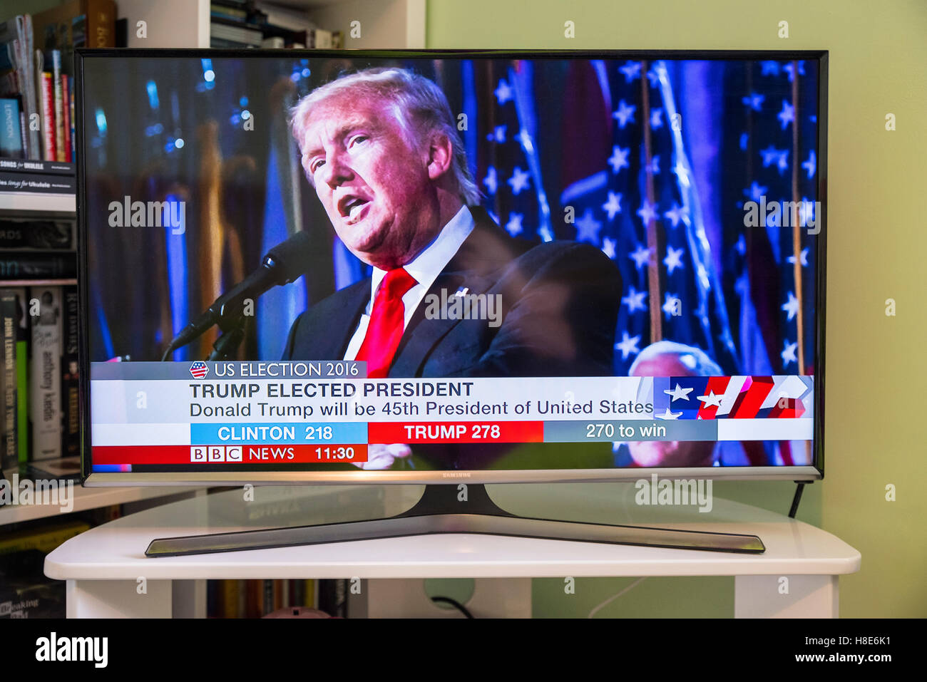 UK - NOV 9TH 2016: A shot of a TV showing the BBC News channel with live  breaking news that Donald Trump is elected President Stock Photo - Alamy