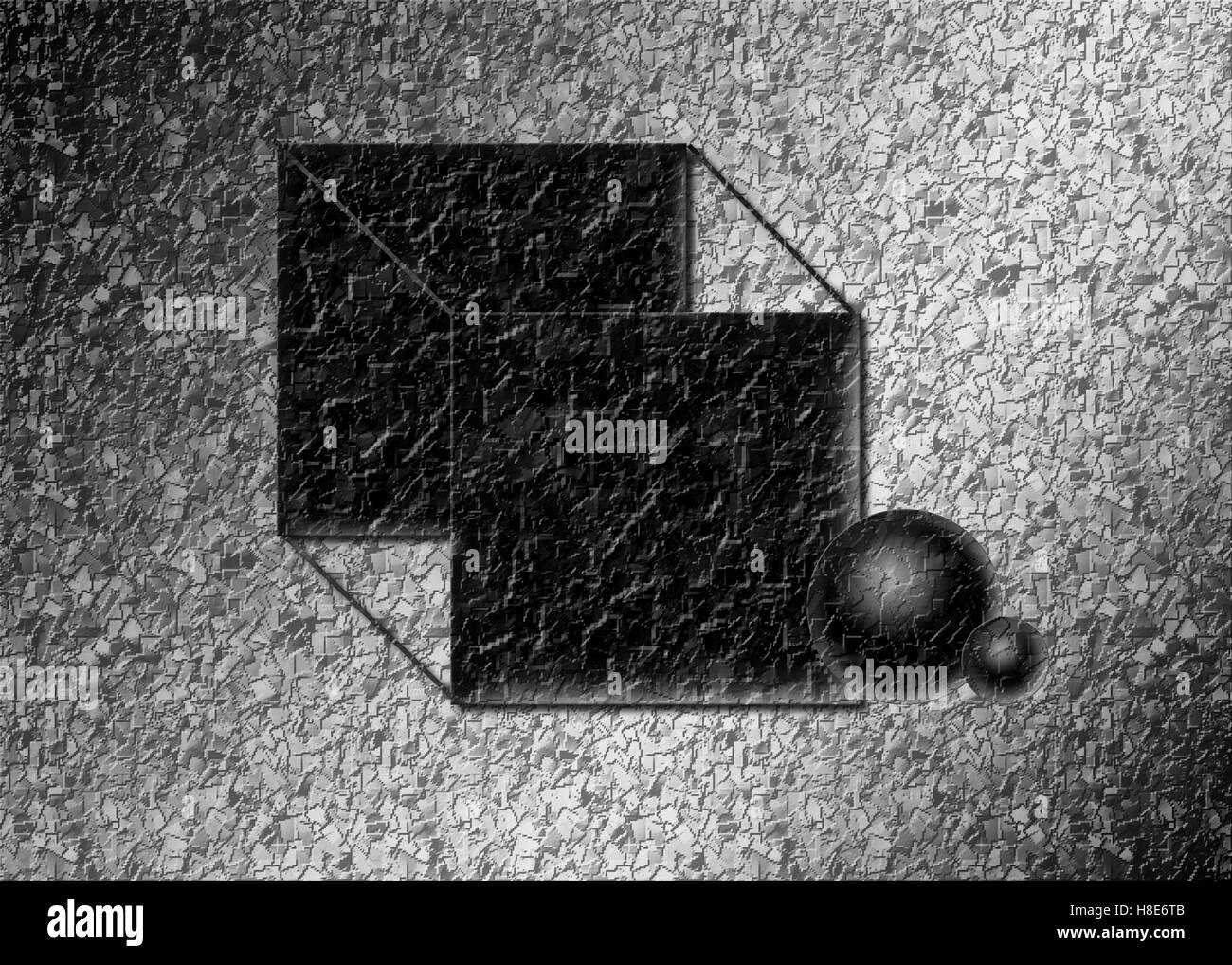 3D Illustration of Semitransparent Cube and two small spheres in black