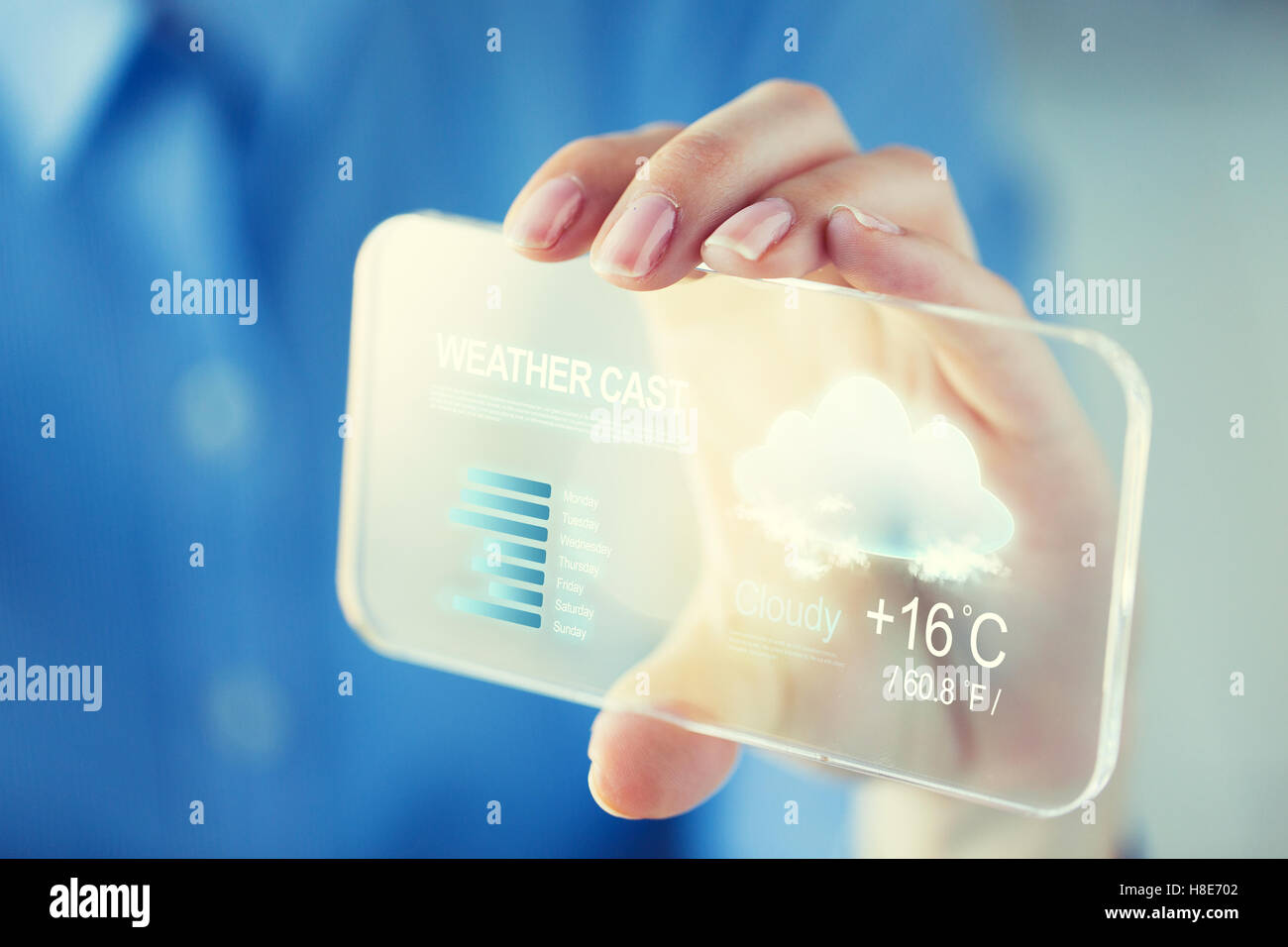 close up of woman with weather cast on smartphone Stock Photo